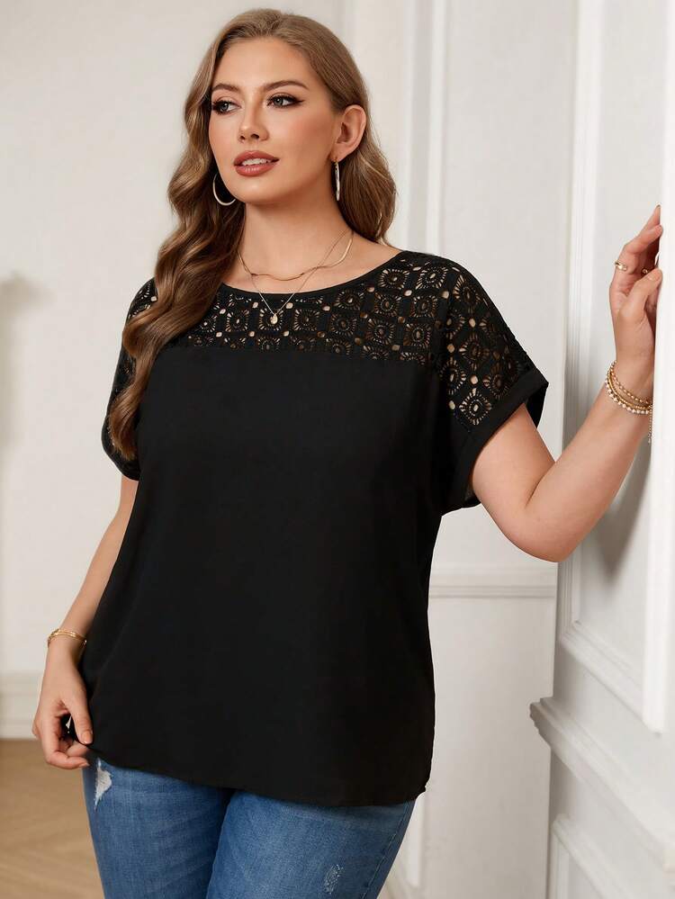 Plus Guipure Lace Yoke Cuffed Sleeve Top
