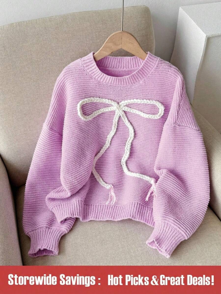 Tween Girls' Sweater With Embroidered Bow, Sweet Casual Versatile Daily Wear, Soft & Comfortable Girl Sweater Knit Sweater Cute Sweater Bow Sweater Purple Sweater For Girls - Mauve Purple - View 1
