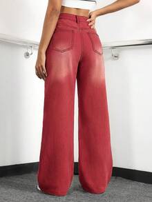 SHEIN ICON Women's Pocket Button Casual Versatile Daily Wear Wide Leg Jeans - Red - View 2