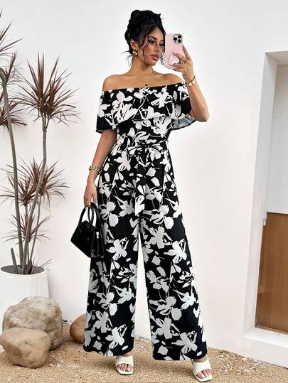 Mono Palazzo De Cuello Fuera Del Hombro Para Mujer,Monos De Piernas Anchas Con Estampado Diseño Floral Con Cinturón