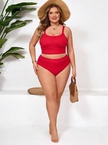 SHEIN CURVE+ 大码女式夏季度假沙滩纯色褶皱吊带背心套装 - 紅色 - 查看 7