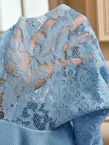 SHEIN Lady 大码蓝色套装，春夏套装，亮面套装，蕾丝拼接套装，休闲装，时尚系列，户外装，日常搭配，长袖上衣和裤子 - 藍色 - 查看 10