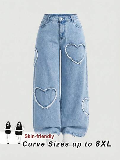 SHEIN CURVE+ Jeans de moda con corazón rosa para mujer de talla grande, jeans rosas, looks navideños, ropa de Año Nuevo