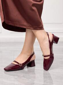 Sleekvia New Burgundy Square Toe Chunky Heel Strap Backless Comfortable Non-Slip Versatile Women High Heel Shoes, Spring/Autumn - Burgundy - View 1