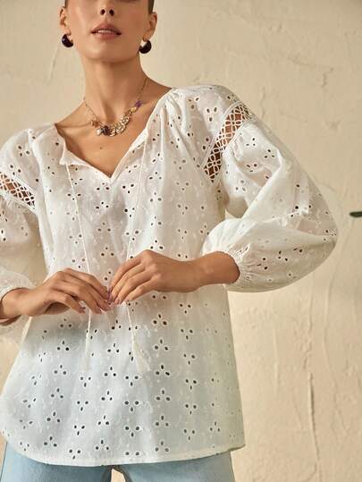 Bóhologie Women's Lightweight Pure White Cotton-Blend Blouse Featuring Scalloped Eyelet Embroidery, Elasticated Puff Sleeves, And Daily Chic Bohemain Silhouette, Tie Front Detalied Eyelet Blouse Eyelet Top For Women Lantern Sleeve Blouse Womens Summer Blouses Hollow Out Top
