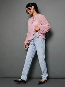 WESTFADE 透视圆点网纱高领蝴蝶结前襟荷叶边长袖上衣，可爱秋季女装，适合返校、秋季、冬季、外出、休闲波西米亚风衬衫 - 淺粉色 - 查看 8