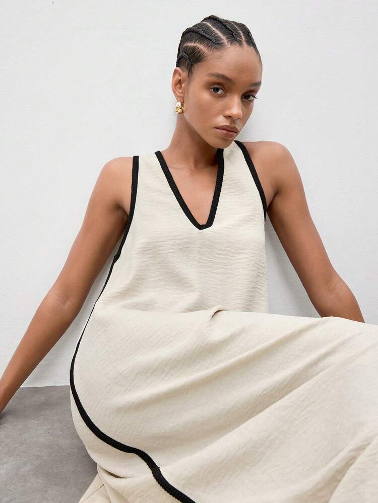 SHEIN Maija Outfit Deas For Dress,2026 Summer Vacation Women's Casual Sleeveless Color Block Trim Dress,Going Out Outfits, Casual Women's Dresses , Vacation Outfits Women Textured Dress Dress Midi V-Neck Midi Dress Sleeveless Dress,Vacation Outfits Women,Summer Holiday Outfits ,Beach Vacation Outfits For Women V-Neck Dress Women's Dress Long Dress New In Dresses