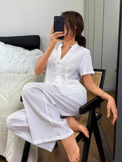 Dream Adore Bộ đồ ngủ nữ kiểu Trung Quốc tối giản, cổ chữ V, cài cúc.