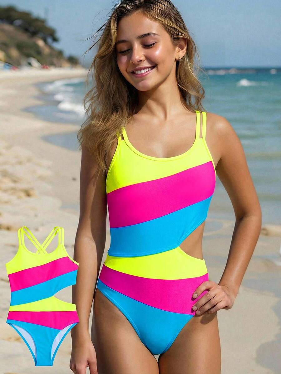 SHEIN Traje de baño de una pieza minimalista y cómodo con espalda cruzada y recortes para niña preadolescente - Multicolor - Ver 1