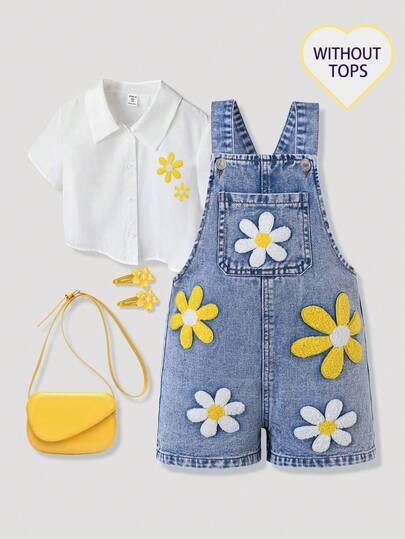 Quần yếm denim cho bé gái mùa hè, kiểu dáng Hàn Quốc mới, đa năng, thêu hoa cúc 3D, chất liệu cotton denim cao cấp, thoải mái, thích hợp mặc hàng ngày đi học, nghỉ hè, quần yếm denim trẻ em, quần short denim cho bé gái.