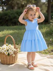 SHEIN Girls' V-Neck Sleeveless Dress, Backless Bow Tie Princess Dress, Blue Casual Vacation Minimalist Dress, Girls' Summer Sleeveless Dress - Blue - View 1