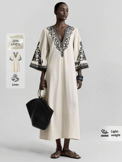 Ontre 2026SS New Women's Summer Long Dress, Solid Color, Fashionable, Suitable For Summer. Black Embroidered Pattern, Bohemian Style, Bell Sleeves, Oatmeal Color Loose And Comfortable Long Dress, V-Neck, Suitable For Party, Vacation, Island Resort, Music Festival, Elegant Summer Maxi Dress For Women