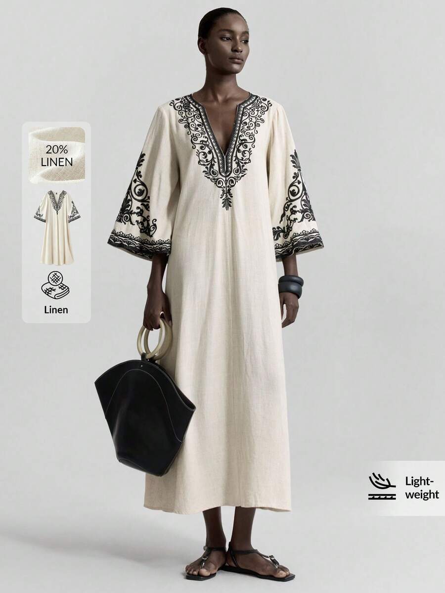 Ontre Đầm dài mùa hè mới 2026 dành cho nữ, màu trơn, thời trang, phù hợp cho mùa hè. Họa tiết thêu đen, phong cách Bohemian, tay chuông, đầm dài màu be rộng rãi và thoải mái, cổ chữ V, phù hợp cho tiệc tùng, kỳ nghỉ, khu nghỉ dưỡng trên đảo, lễ hội âm nhạc, đầm maxi mùa hè thanh lịch dành cho phụ nữ.