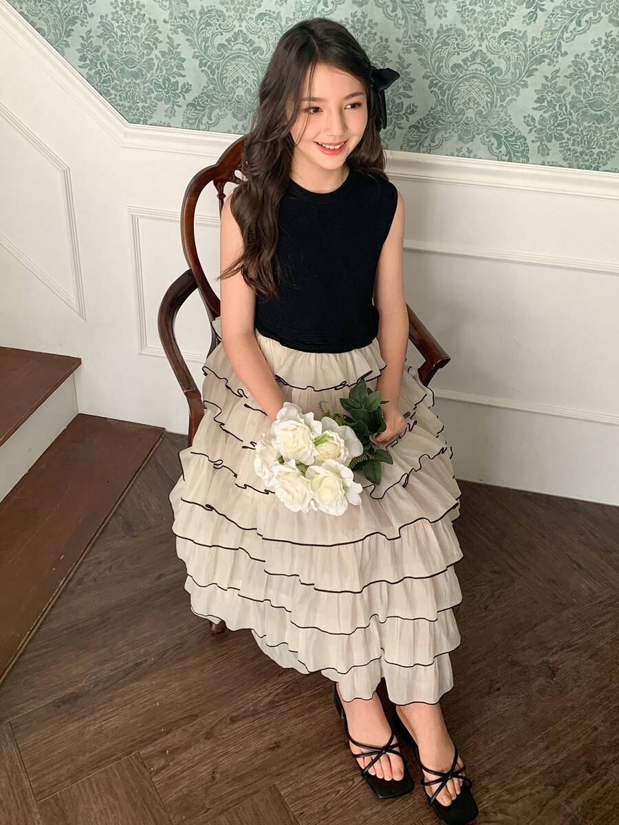 Dazy Kids 青少年女孩拼色圓領荷葉邊下擺無袖洋裝 夏季陽光洋裝 - 黑色 - 查看 1