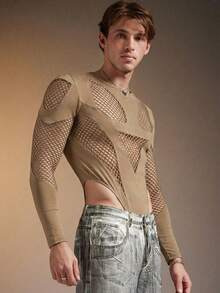 FeverCity Bộ áo liền quần dài tay bằng vải lưới xuyên thấu dành cho nam, thời trang và gợi cảm. - Màu vàng - Xem 6