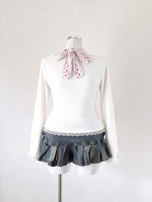 Sunspun 女士撞色蝴蝶结蕾丝饰边领口拼接长袖T恤，时尚设计 - 彩色 - 查看 2