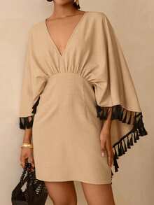 Vesra Vestido poncho con cuello en V profundo y mangas de murciélago con flecos para mujer - Albaricoque - Ver 4