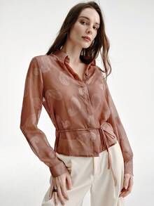 Aveloria Modichic Elegant Commuter Slim Waist Belt Decor Cutout Lotus Flower Long Sleeve Blouse - Brown - View 6