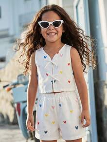 Emery Rose Kids 两件套女童编织爱心图案V领休闲衬衫和短裤套装 - 白色 - 查看 5