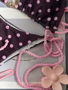 Swim Mod Women's New Polka Dot Printed Metal Sun Decoration Rope Bikini Set For Spring And Summer Wine Red Dot Swimsuit Beach Wear Vacation Pool Spring And Summer Holiday Party - Multicolor - View 7