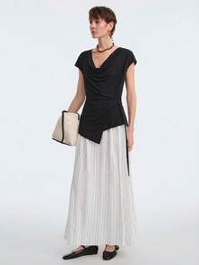 Aalyst Camiseta feminina de cor sólida com gola franzida e mangas curtas elegantes - Preto - Ver 6