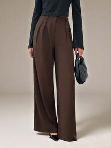 SHEIN Tall 女士极简时尚深咖啡色宽松阔腿裤，通勤裤，棕色阔腿裤，高腰阔腿裤，棕色西装裤，秋冬季必备 - 咖啡棕 - 查看 4