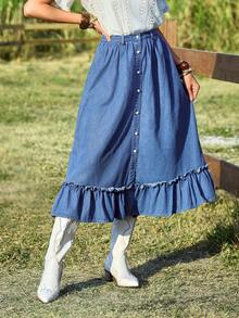 Breezaya Semesteravslappnad denimkjol med knappar och volang framtill - Blå - Visa 4