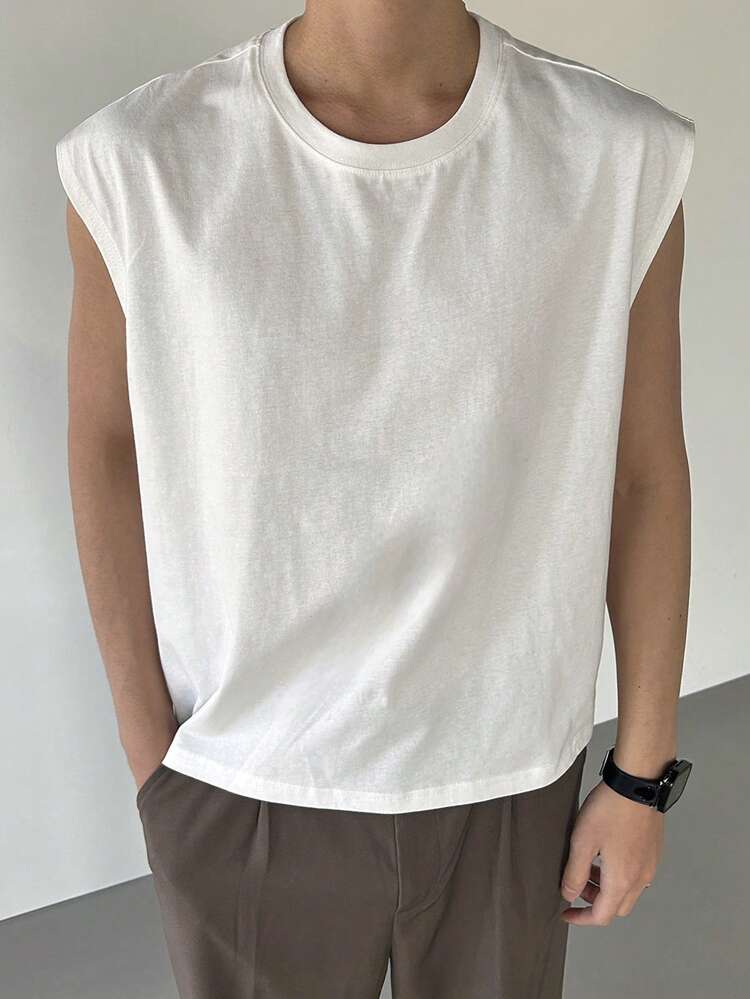 Men's Sleeveless Crew Neck Street Style Short White T-Shirt, Summer