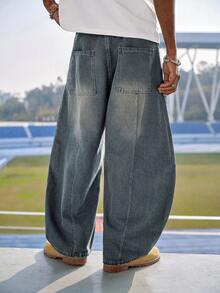 EVRINFINITE 男士休闲宽松拼接直筒做旧水洗牛仔裤，街头风 - 霧霾藍 - 查看 5