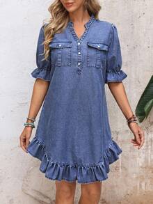EMERY ROSE Women's Casual Notched Collar Ruffle Hem Denim Dress, Summer - Blue - View 3