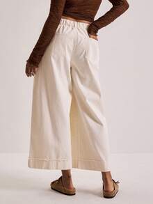 Freevana 大码女式高腰带口袋褶皱阔腿宽松休闲牛仔裤 - 米色 - 查看 3