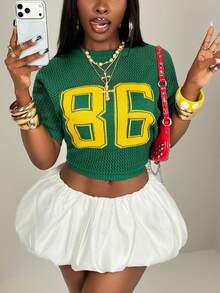 SHEIN BamGlam 女士针织短袖圆领黄绿撞色数字星形提花简约休闲复古街头风毛衣 - 軍綠色 - 查看 3