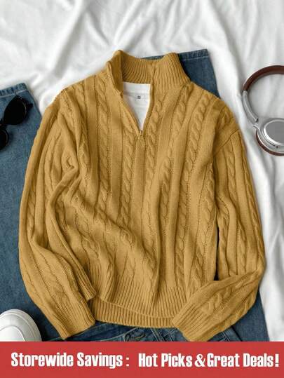 SHEIN Tween Boy 1 Piece Vintage Cable Knit Sweater - Half-Zip High Neck Pullover, Adjustable Zipper Collar, Regular Fit Wool Blend Sweater For School Daily Wear, Father-Son Matching, Birthday & New Year Gift Idea Sweater