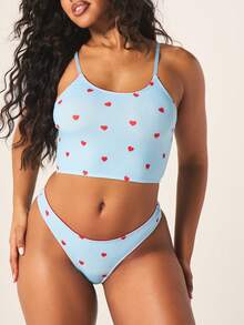 MISSGUIDED Women's Heart Print Cami Bralette Thong Lingerie Set Light Blue Cute Valentine's Day Intimate Sleepwear Two Piece - Blue - View 5