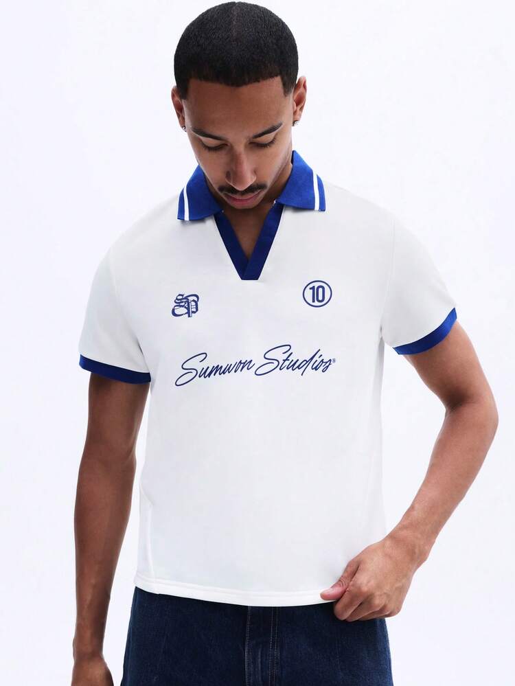 Retro Polo Shirt With Script Print And Contrast Collar Blue Trim Short Sleeve Summer Studios Casual Top