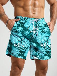 Manfinity KASUA Men's Tropical Plant Print Drawstring Waist Beach Shorts - Teal Blue - View 5