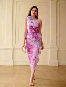 ZEYLAH Women's Elegant Floral Print Peplum Waist One Shoulder Ruffle Decor Party/Date Dress, Summer - Mauve Purple - View 6