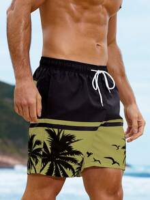 Manfinity KASUA Men's Drawstring Coconut Tree Print Casual Beach Shorts - Olive Green - View 5