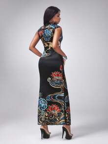 Y2Kool BiGraphic Vestido de sirena estilo cheongsam con estampado de dragón negro, loto oriental y flores chinas, vestido casual Y2K adecuado para fiestas, vacaciones, Año Nuevo y uso diario - Negro - Ver 2