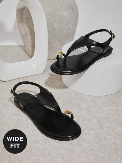 SHUZIA Women's Wide-Fit Comfy Everyday Summer Cute Vacation Casual Gold Decor Toe Ring Flat Sandals