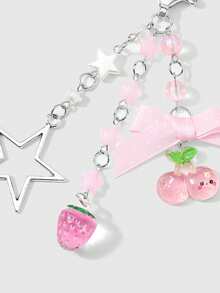 ROMWE Kawaii 1 nouveau porte-clés pendentif de sac mignon et polyvalent avec étoile en résine rose, fraise scintillante, perle ronde à pois, nœud et cerise de dessin animé. Convient pour les filles et les femmes pour un usage quotidien et comme cadeau de vacances - Rose-22 - Voir 4