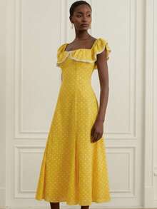 BELROSIE French Retro Black & White Polka Dot Ruffle Contrast Lace Hem Flared Skirt, Adjustable Straps Versatile Romantic Elegant Dress For Women - Yellow - View 5