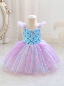 SHEIN Glamorique Kids 女嬰公主洋裝，淺藍色花卉，夏季，花童，度假，吊帶荷葉袖，生日派對婚禮節慶舞會洋裝 - 紫色 - 查看 3