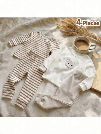 Loomiva 4pcs Baby Boy Cartoon Print Soft Knit Crew Neck Long Sleeve Top And Elastic Waist Long Pants Snug Fit Pajama Set