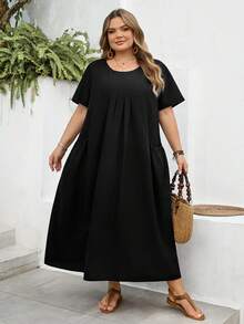 SHEIN CURVE+ Curve 尺码 US22 音乐节、海滨度假、波西米亚风女士纯色长款双口袋休闲沙滩裙 - 黑色 - 查看 9