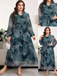 Reflora 大码极简印花薄纱长袖连衣裙 - 藍色 - 查看 8