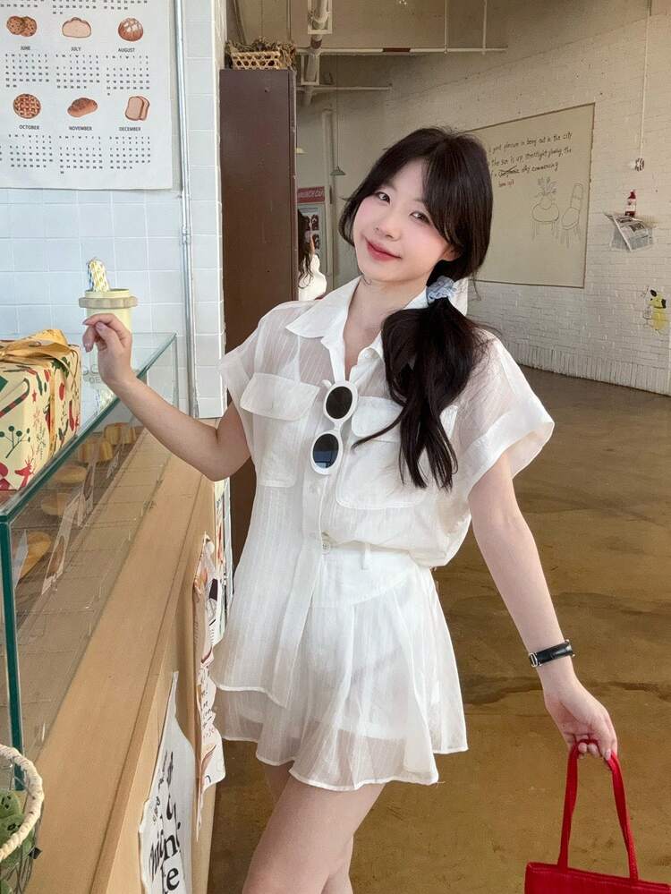 Women's Collared Loose Fit Two Pieces Set, Korean Style Transparent & Relaxed Fit Skirt