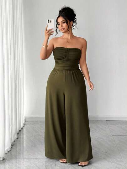 Elenzga 大码女式无肩带褶皱阔腿连体裤