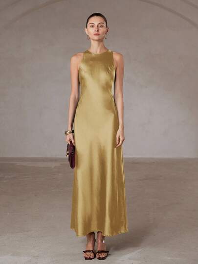 Aveloria Modichic Minimalist Elegant Asymmetric Bias Cut Double-Sided Satin-Like Acetate Fabric A-Line Sleeveless Dress For Women