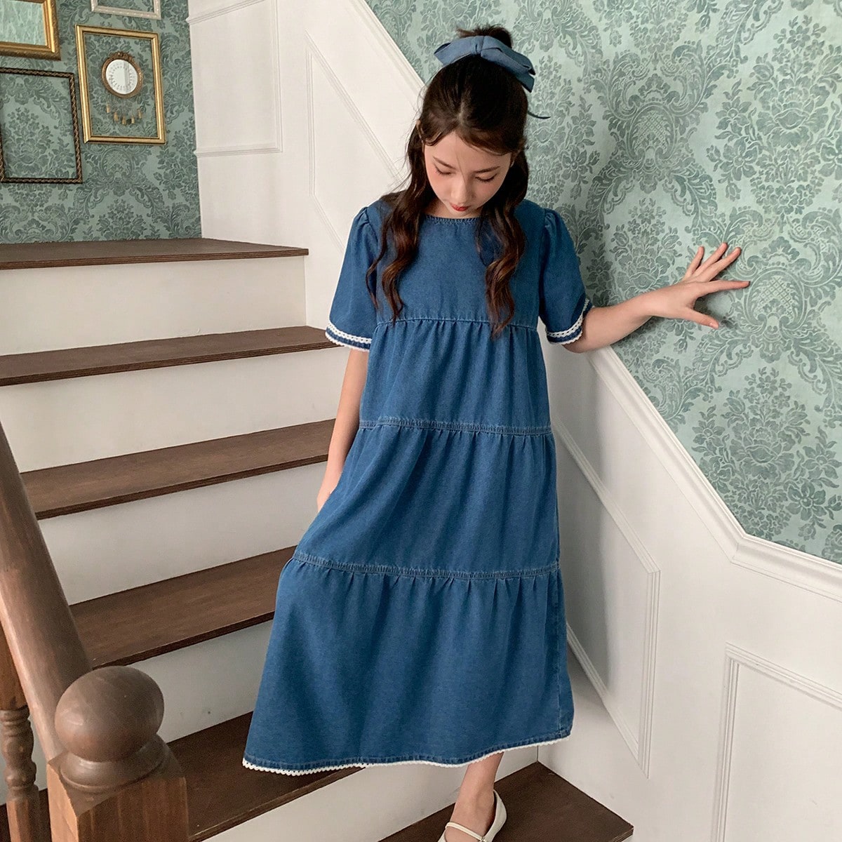 Vestido vaquero con cuello redondo y mangas abullonadas para niñas preadolescentes